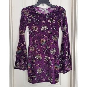 Charlotte Russe Retro Purple Floral Velvet Bell Sleeve Mini Dress Size S